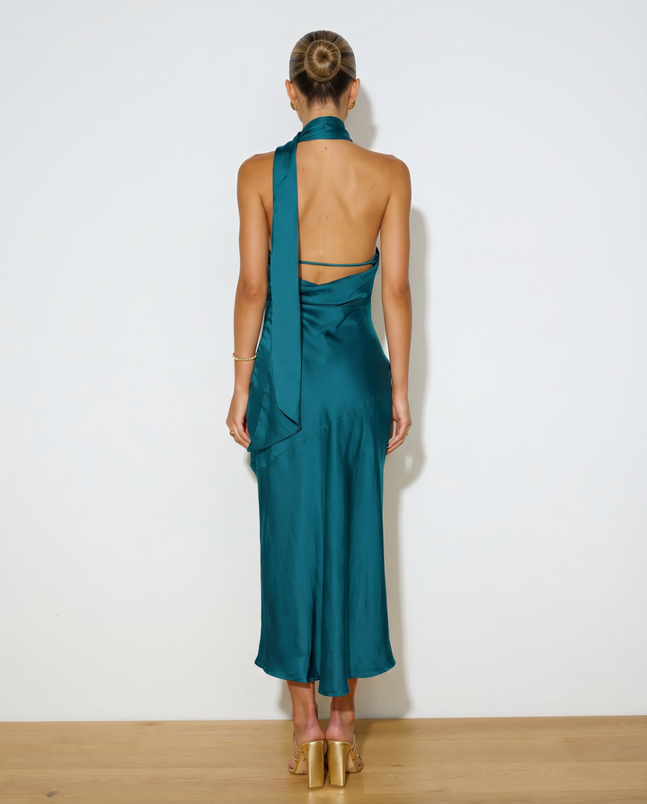 Harriet | Midi Satin Dress with Open Back