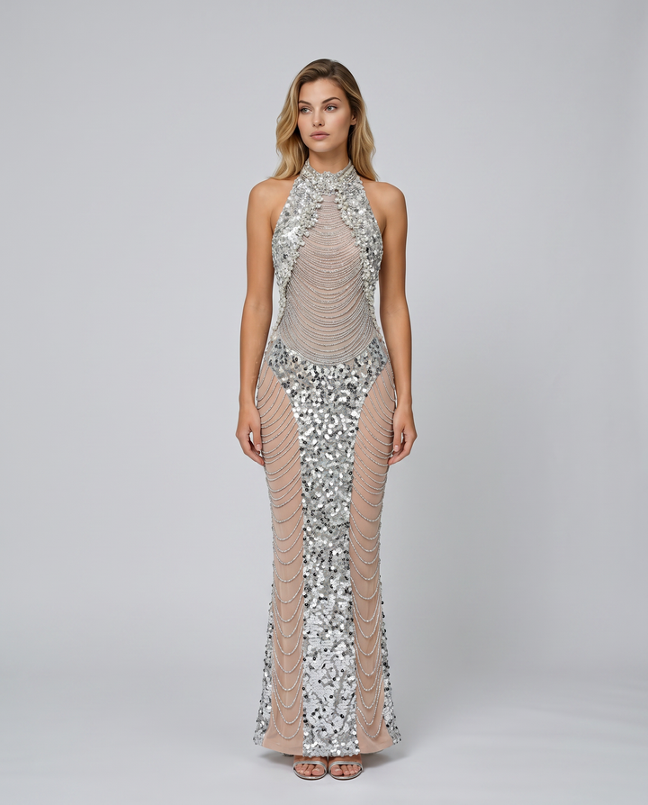 Marina | Maxi Dress with Sequin Embellishment and Halter Neck