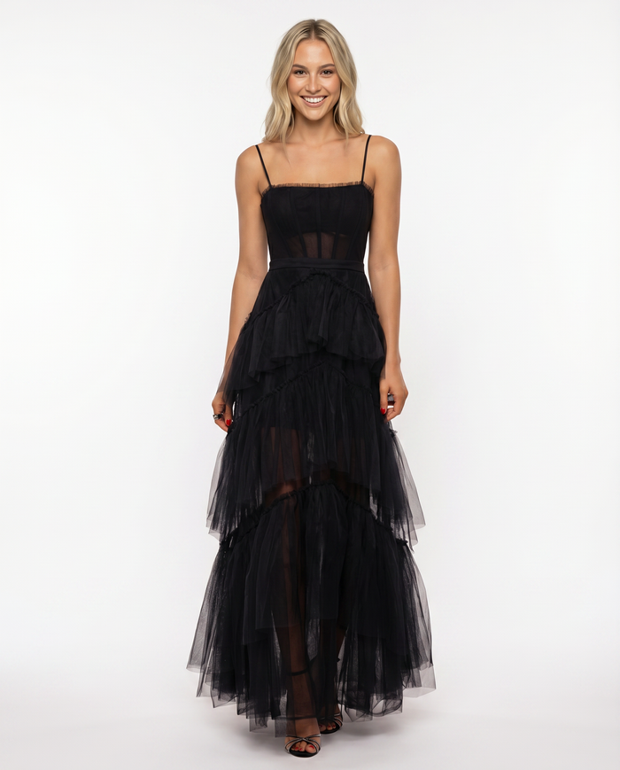 Nyx | Mesh Corset Gown with Tiered Skirt and Spaghetti Strap