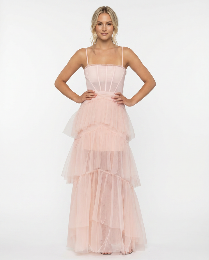 Nyx | Mesh Corset Gown with Tiered Skirt and Spaghetti Strap
