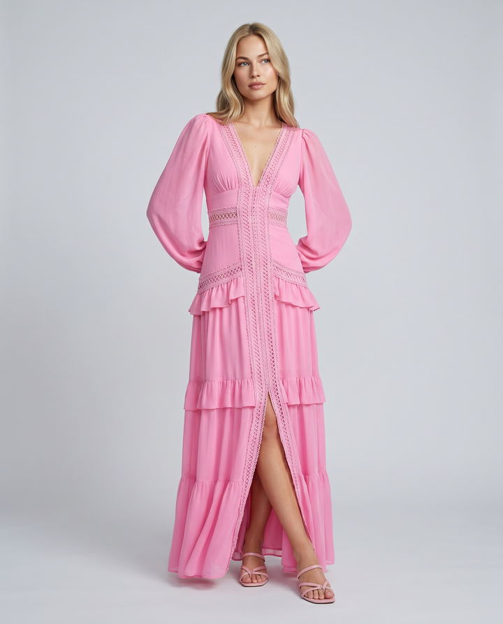 Lorie | Maxi Dress with Ruffle Skirt and Long Sheer Sleeves
