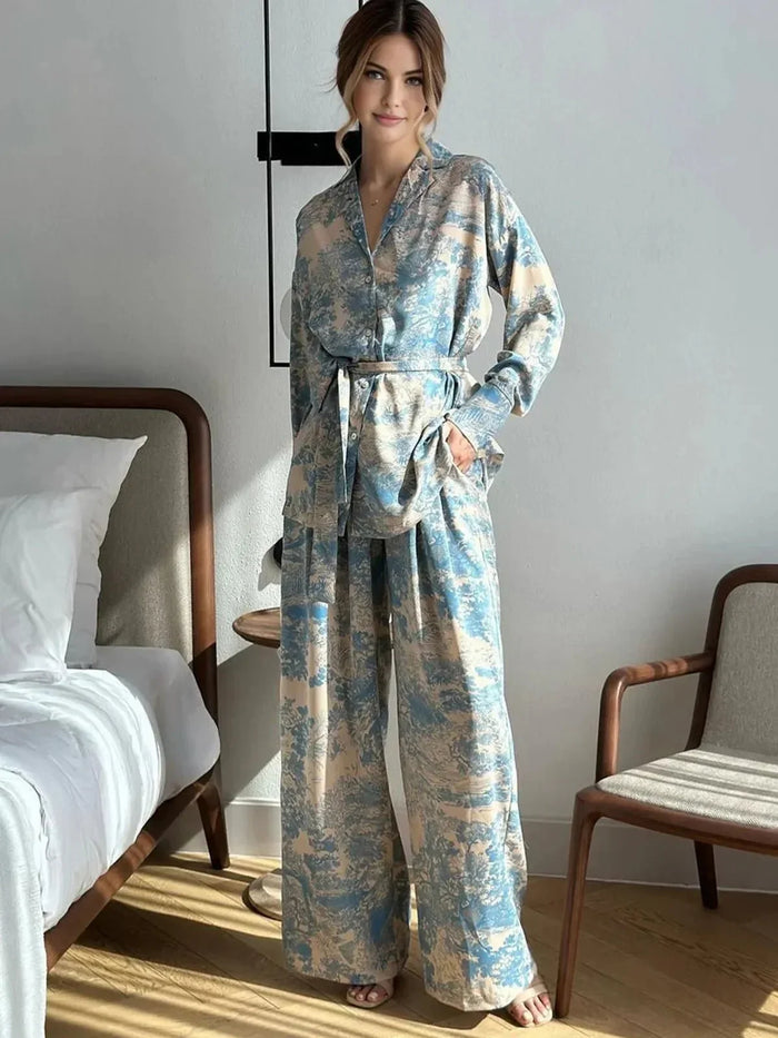 Women's Printed Two-Piece Set with Button-Front Top and Wide-Leg Pants