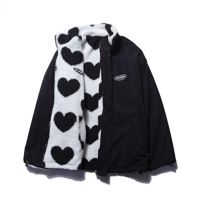 Women's Heart Print Fleece Jacket with Zip Front