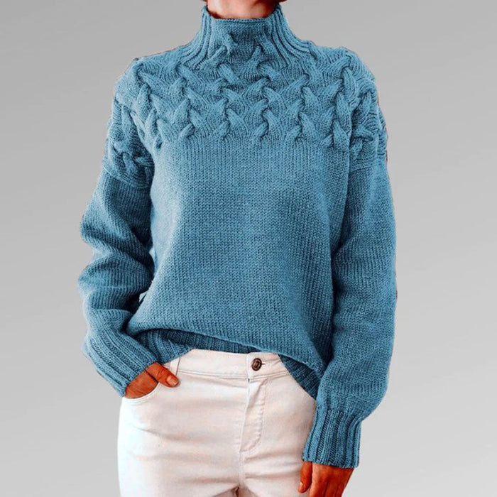 Women's Cable-Knit Turtleneck Sweater with Ribbed Cuffs