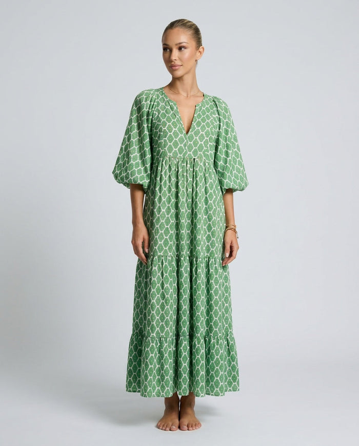 Verity | V-Neck Balloon Sleeve Ruffle Layered Midi Dress