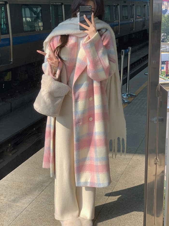 Women's Plaid Hooded Long Coat with Fluffy Pockets