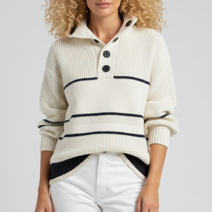Women's Striped Knit Sweater with Collar and Button Placket