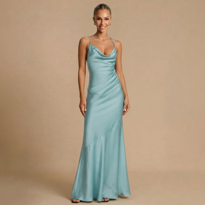 Tessa | Satin Beaded Swing Collar Maxi Dress