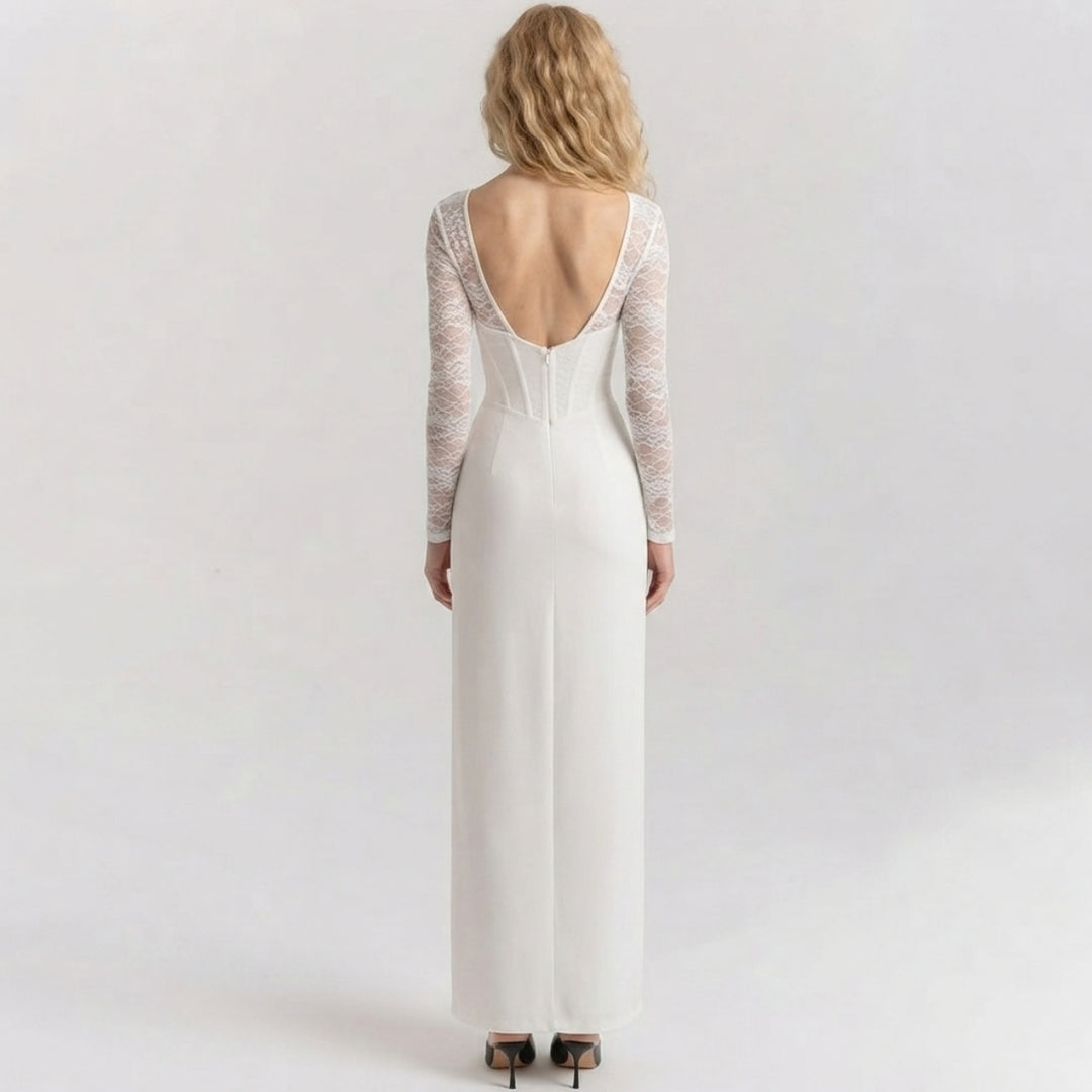Trudy | Satin-Look Lace-Up Corset Maxi Dress with Lace Sleeves