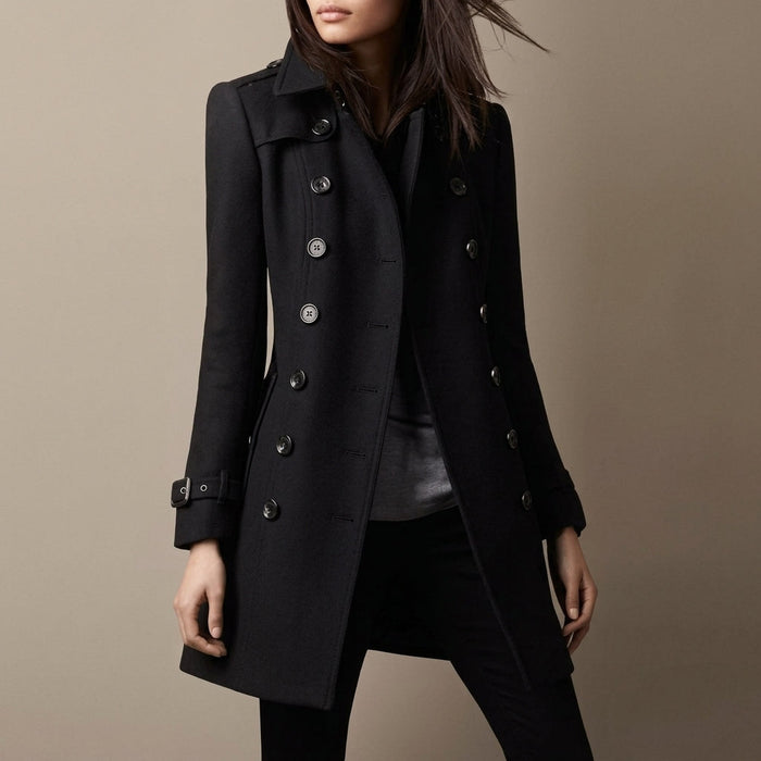Women's Double-Breasted Military Coat with Notch Collar