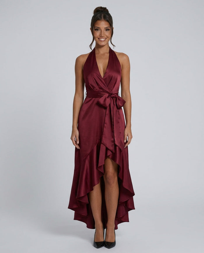 Velara | Off-Shoulder V-Neck Satin Maxi Dress