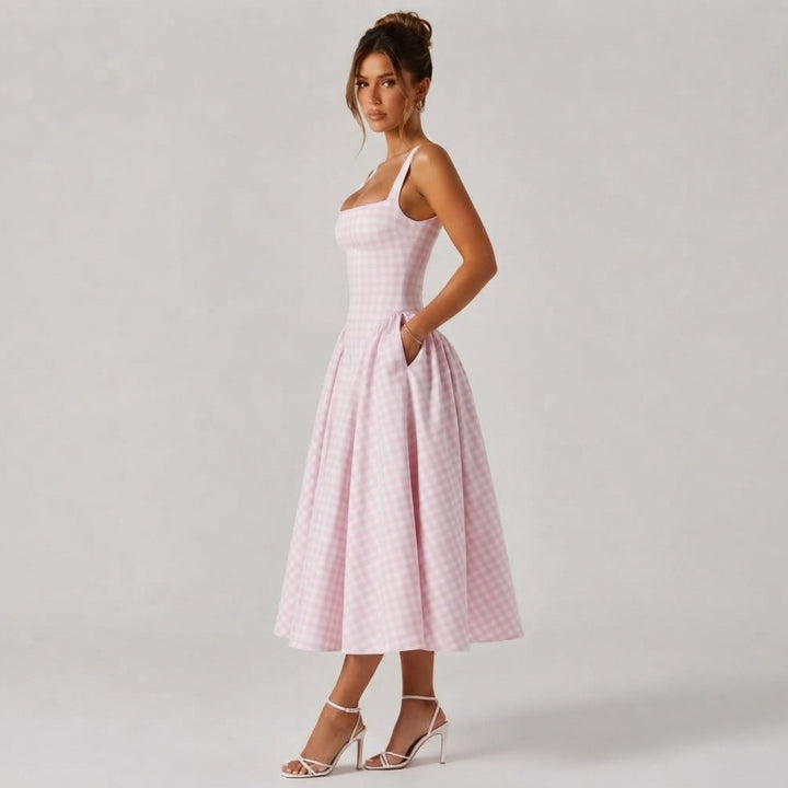 Verity | Sculpted Waist Full Skirt Gingham Midi Dress