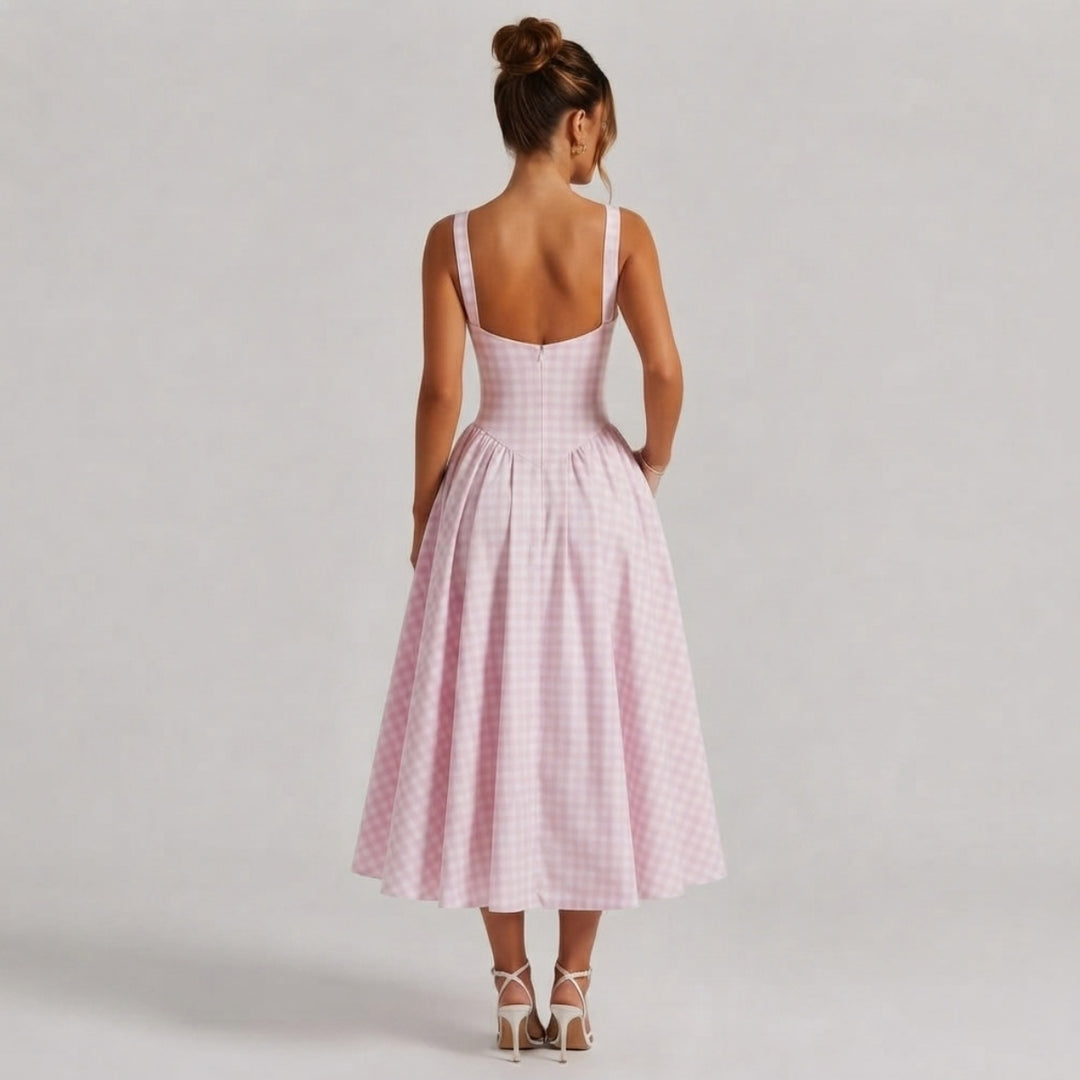 Verity | Sculpted Waist Full Skirt Gingham Midi Dress