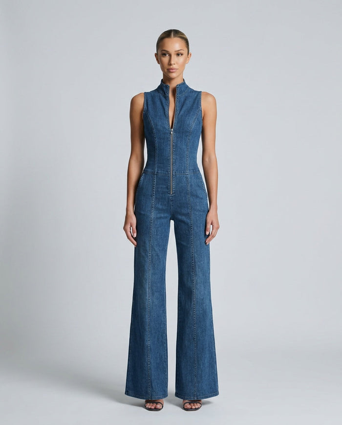Demi | Sleeveless High-Neck Flared Denim Jumpsuit