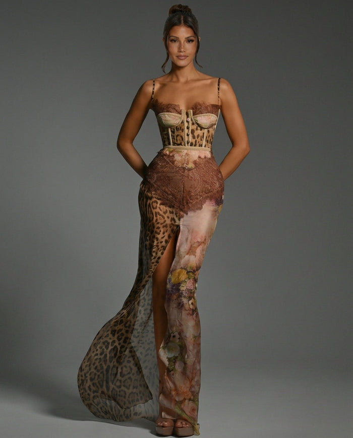 Soraya | Lace-Trim Leopard Print Side Slit Maxi Dress