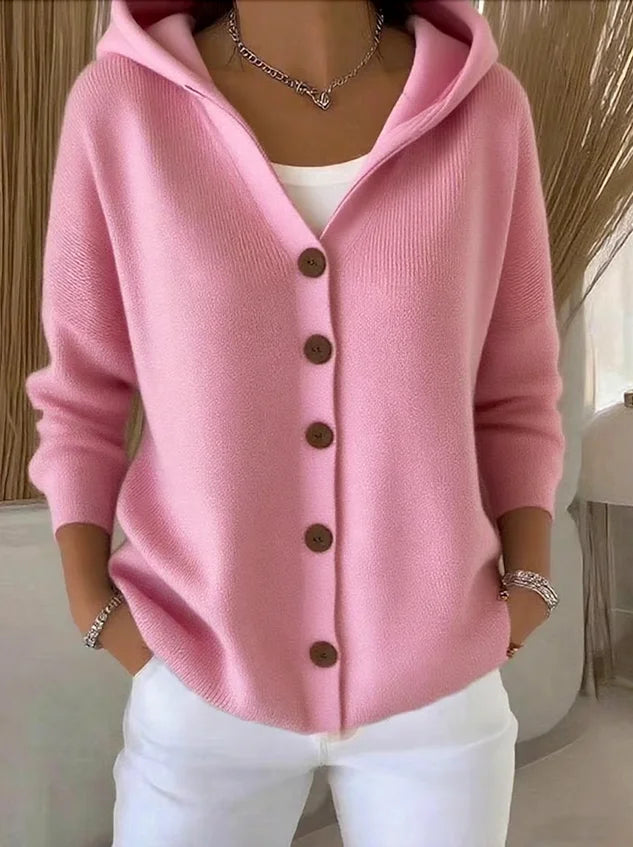 Women's Button-Front Hooded Cardigan with Rib-Knit Cuffs