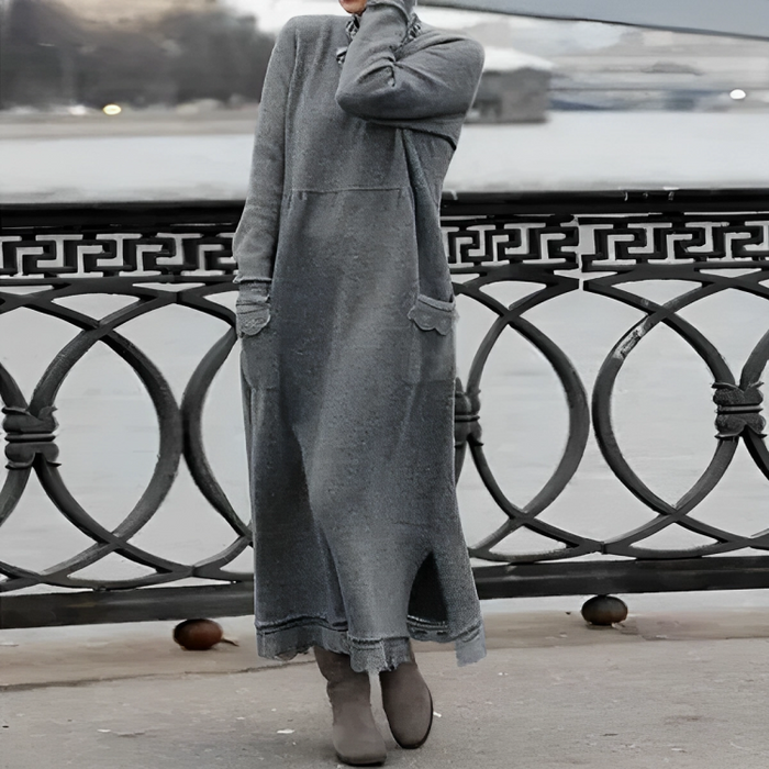 Women's Long Sleeve Hooded Maxi Dress with Side Slit