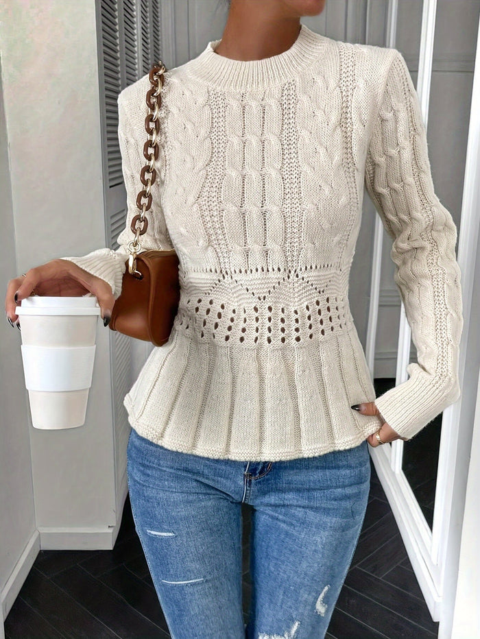 Women's Cable Knit Sweater with Round Neck Long Sleeves