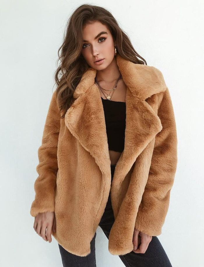 Women's Faux Fur Teddy Jacket with Wide Lapel