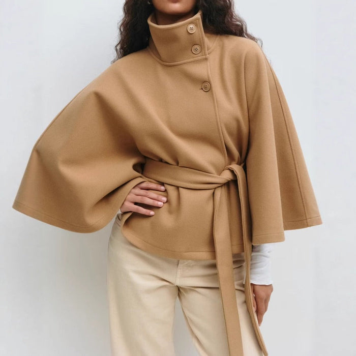 Women's Belted Cape Jacket with High Collar and Wide Sleeves