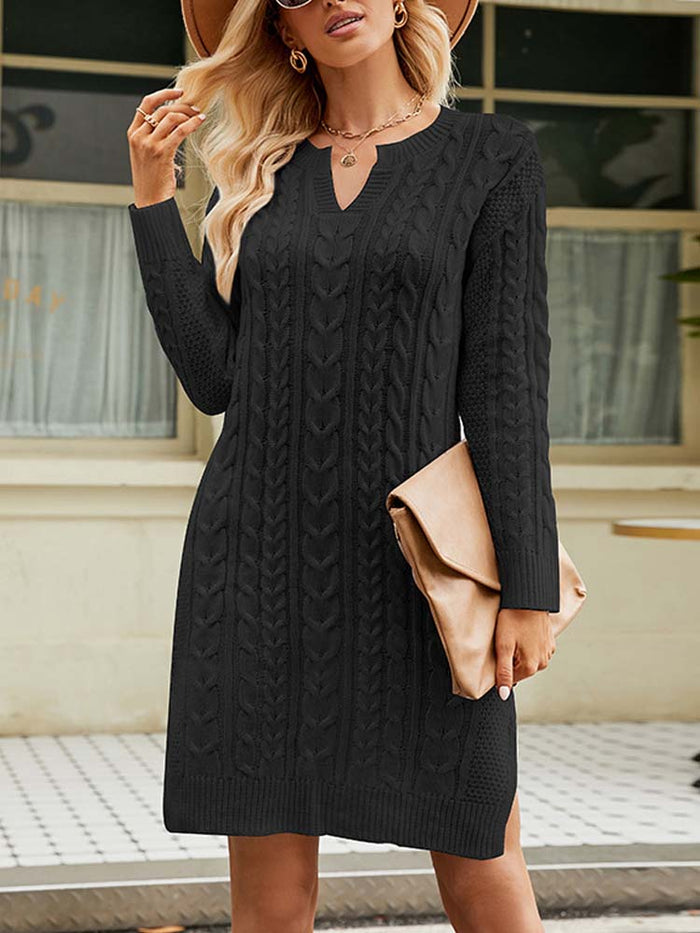 Women's Cable-Knit V-Neck Sweater Dress Long Sleeve