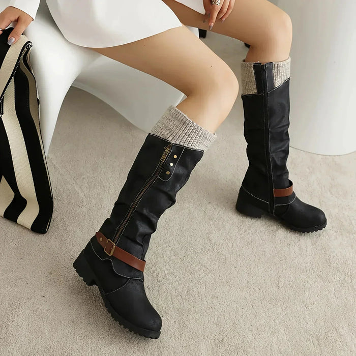 Women's Mid-Calf Boots with Side Zip and Buckle Strap
