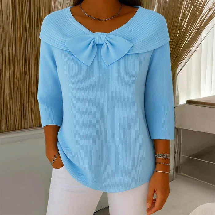 Women's Ribbed Bow-Neck Sweater with 3/4 Sleeves