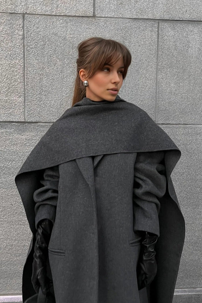 Women's Long Cape Coat with High Collar and Wrap Design
