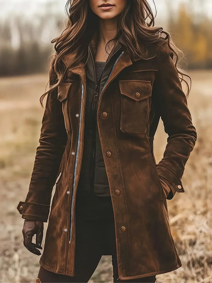 Women's Notch-Lapel Longline Coat with Button-Through Front