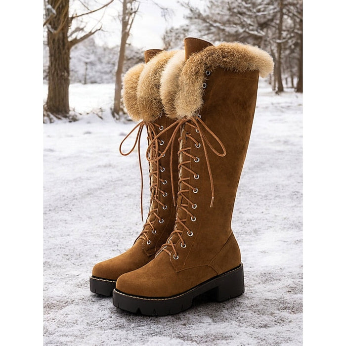 Women's Lace-Up Knee-High Winter Boots with Faux Fur Trim