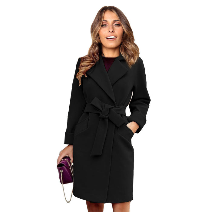 Women's Belted Wrap Coat Knee-Length with Notched Collar