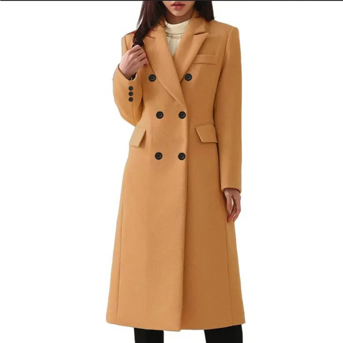 Women's Double-Breasted Long Wool Coat with Notched Collar