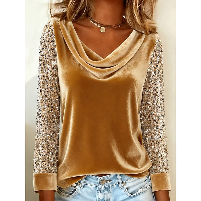 Women's Cowl-Neck Top with Sequin Sleeves for Party