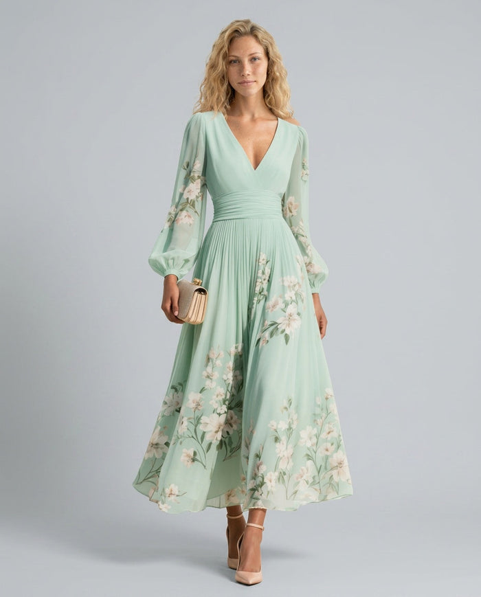 Aurelia | Long Sleeve Floral Midi with Pleated Skirt
