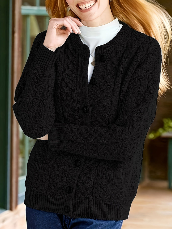 Women's Cable Knit Cardigan with Button Front and Pockets