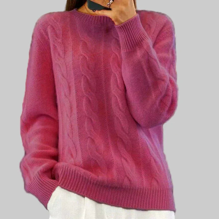 Women's Cable-Knit Sweater with High Neck Ribbed Hem