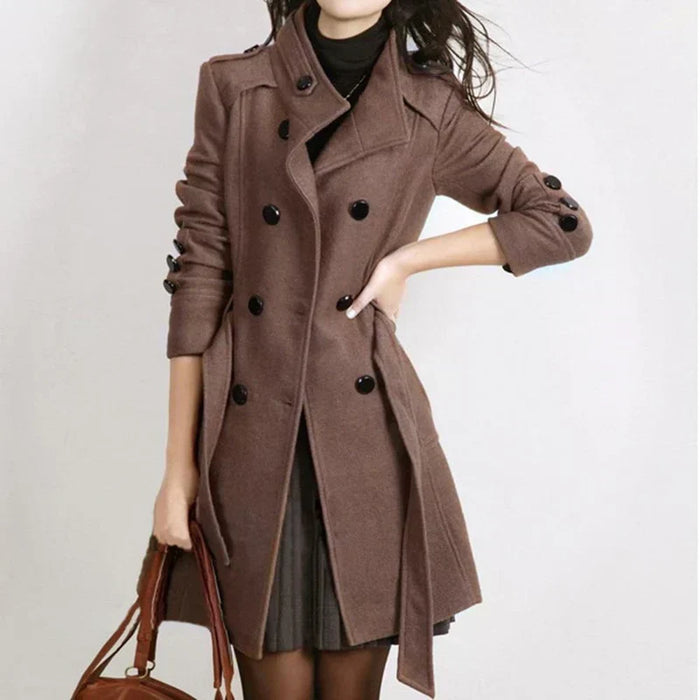 Women's Double-Breasted Belted Coat with Wide Collar