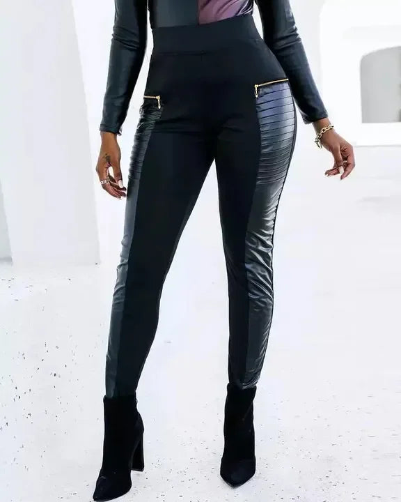 Women's High-Waisted Ribbed Panel Trousers with Gold Zippers