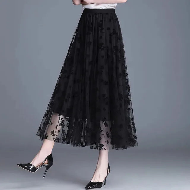 Women's Mesh Overlay Midi Skirt with Floral Appliqué