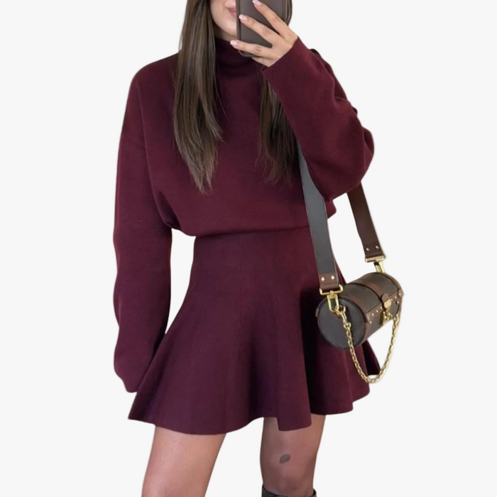 Women's Mock Neck Sweater Dress with Flared Skirt