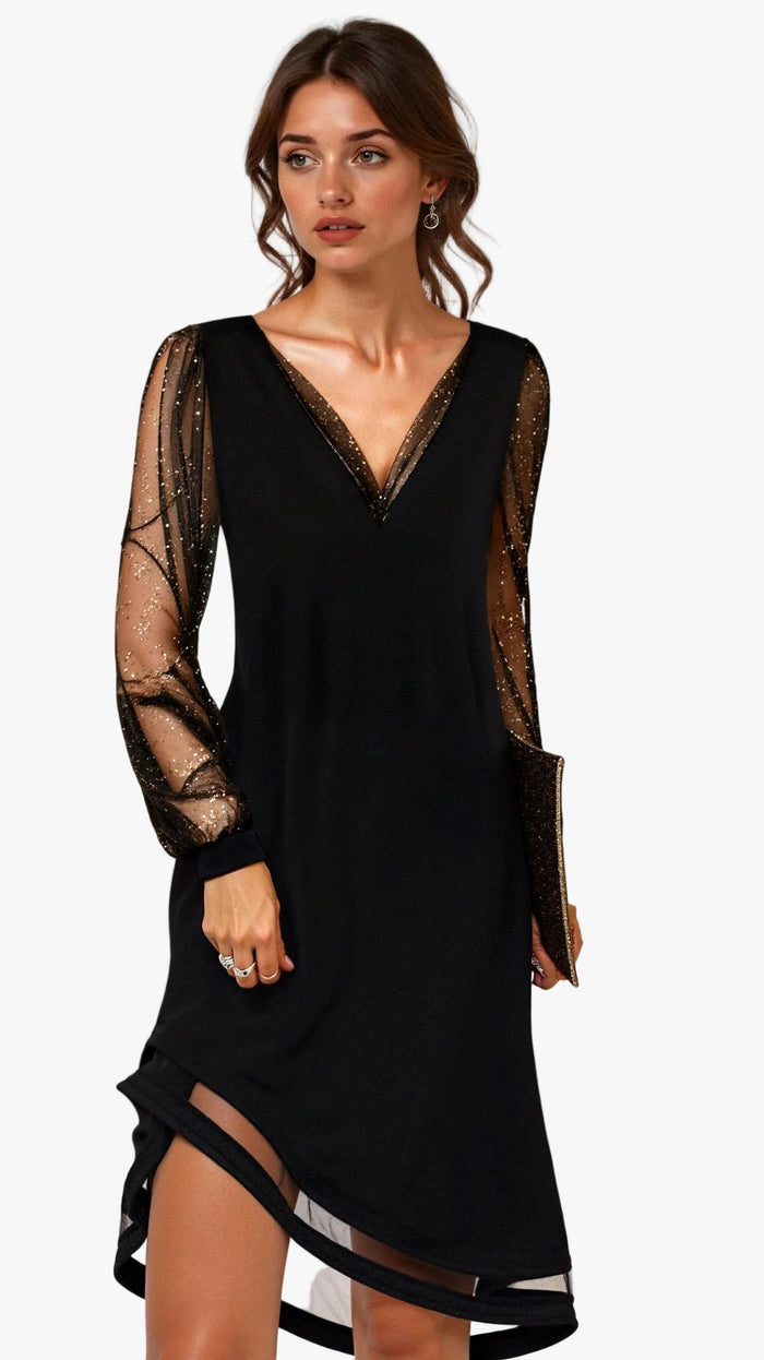 Women's Sparkle Mesh Sleeve Midi Dress with V-Neck