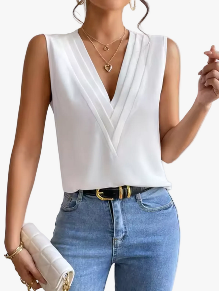 Women's Sleeveless V-Neck Top with Pleated Front Detail